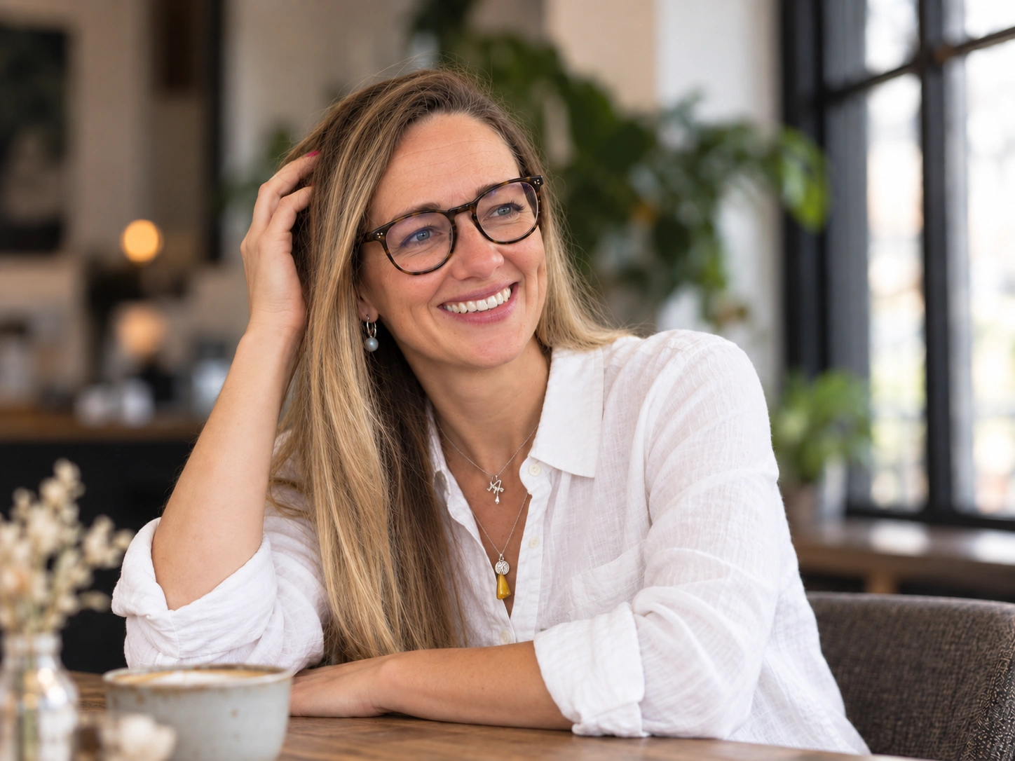 Jenny Beutnagel in a white blouse, smiling in warm café light.